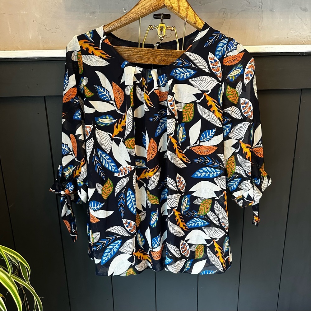 Blue Gold White Leaf Print Women's Cinch Waist Tie Sleeve Blouse XL